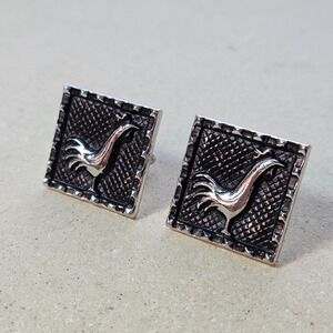 Vtg 60s 70s Large Silver Tone Rooster Square Cufflinks Textured Modernist